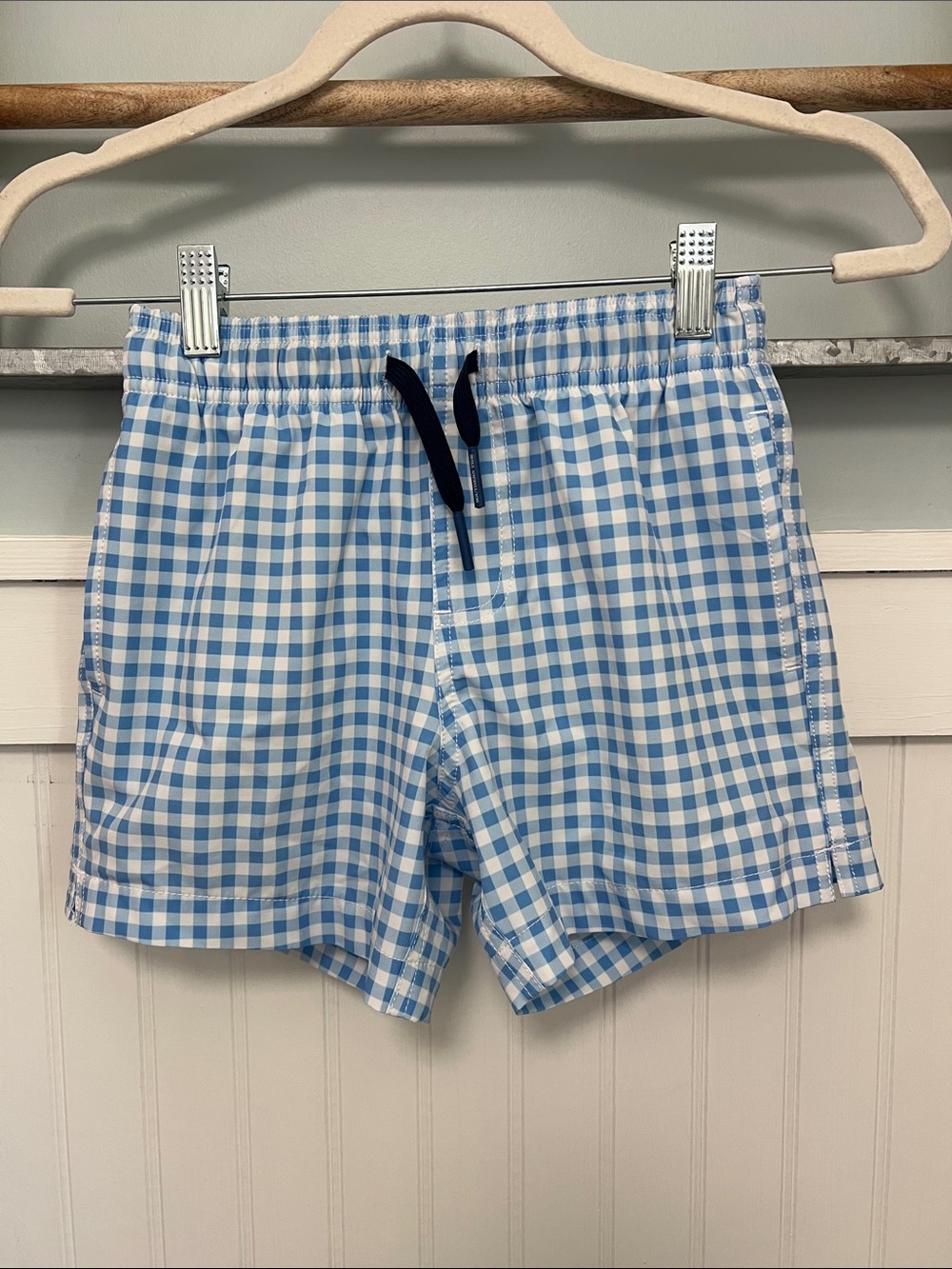 Boys southern Tide, swim trunks size, small blue and white Check